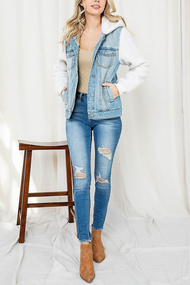 Faux fur contrast hoodie denim jacket (DGS5622)