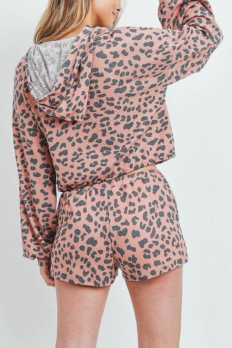 Waist tie bubble sleeve animal print top and short set (ED8747)