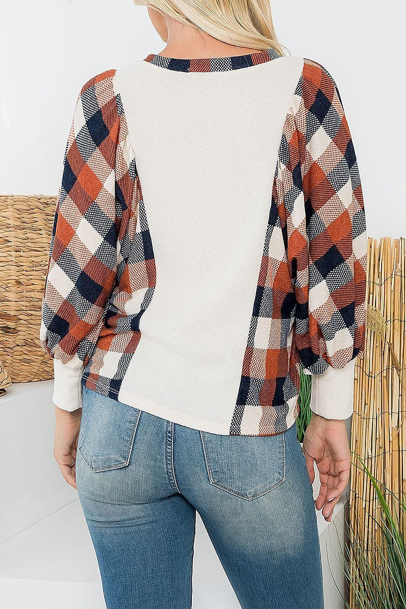 Combo plaid contrast long sleeve top (EF6097)