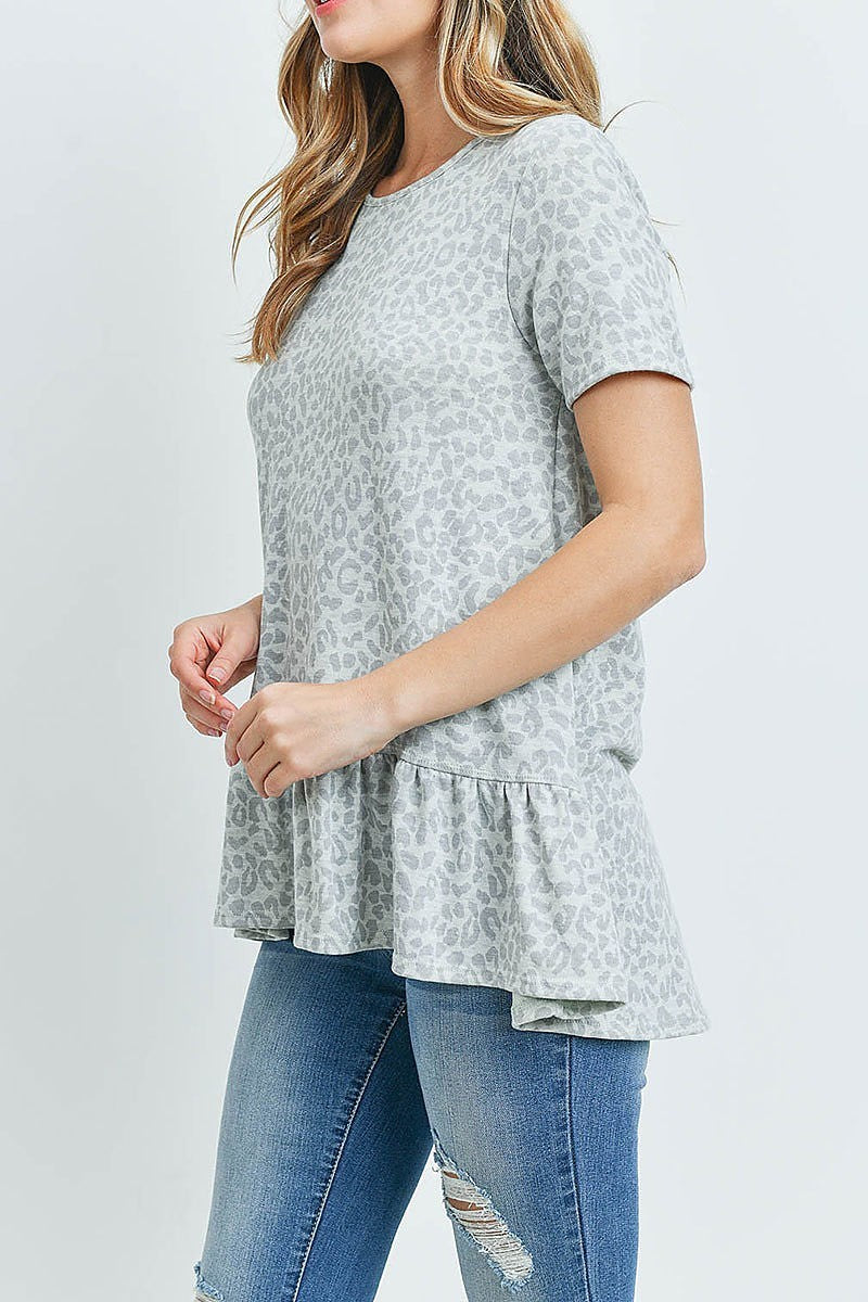 Short sleeved ruffle detail hem leopard tunic (ED9022-2)