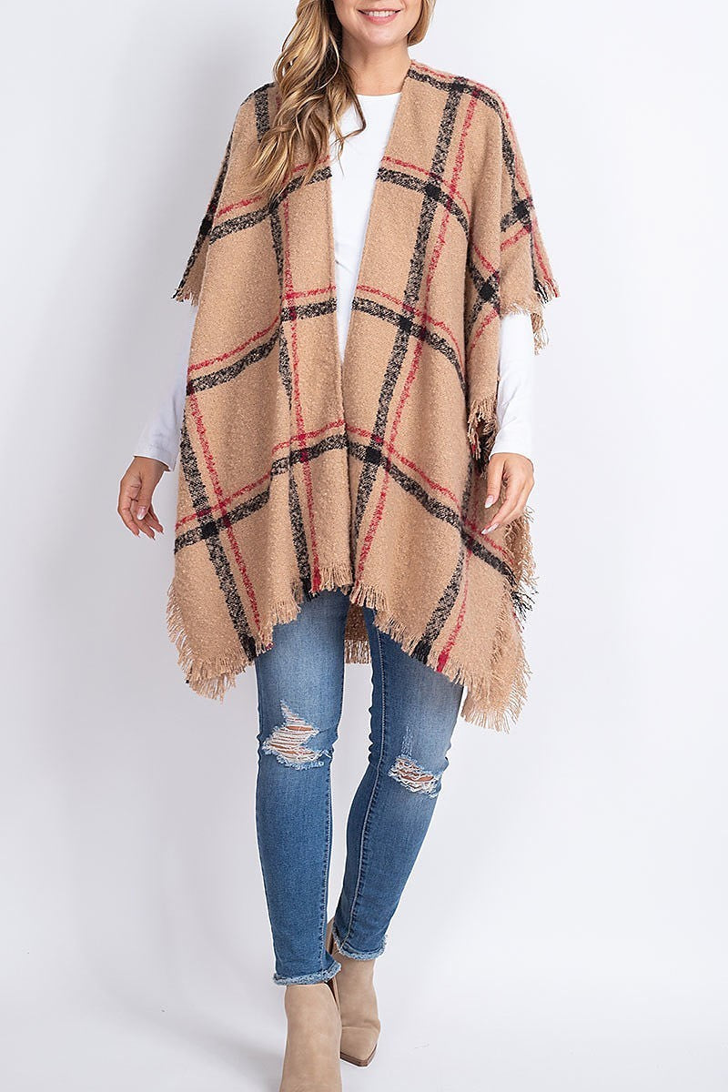 Plaid open front fringe kimono (DGS5411)