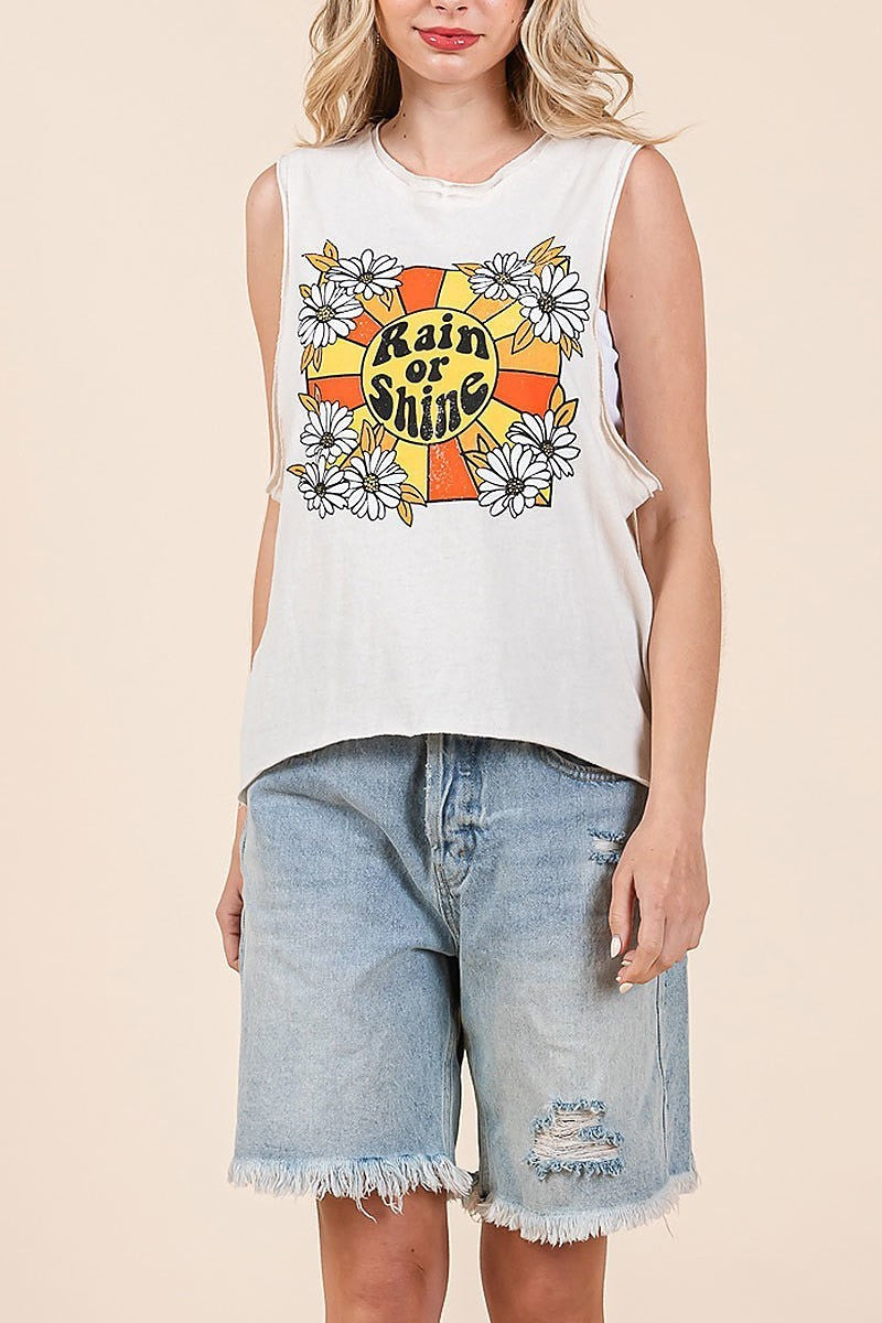 Rain or shine print sleeveless vintage knit top (EDH2266)