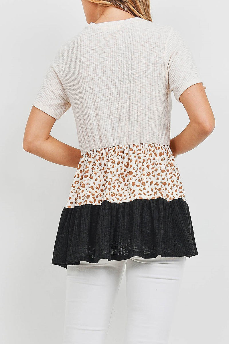 Leopard print rib contrast top (EF1033)