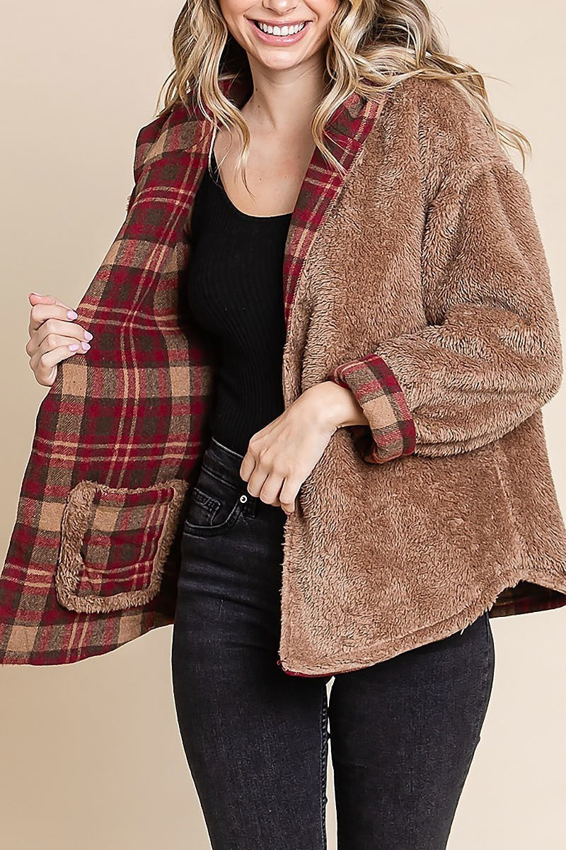 Flannel plaid reversible hooded fur jacket (EDH1944-2)