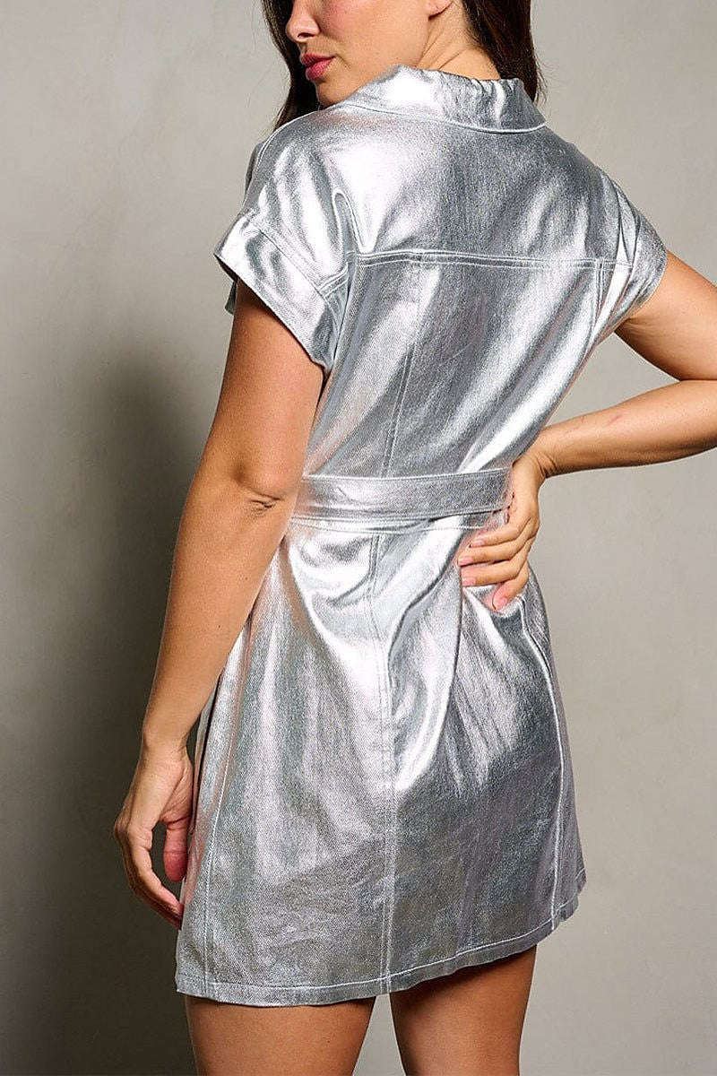 Short sleeve button up self tie metallic dress (EFWT9872)