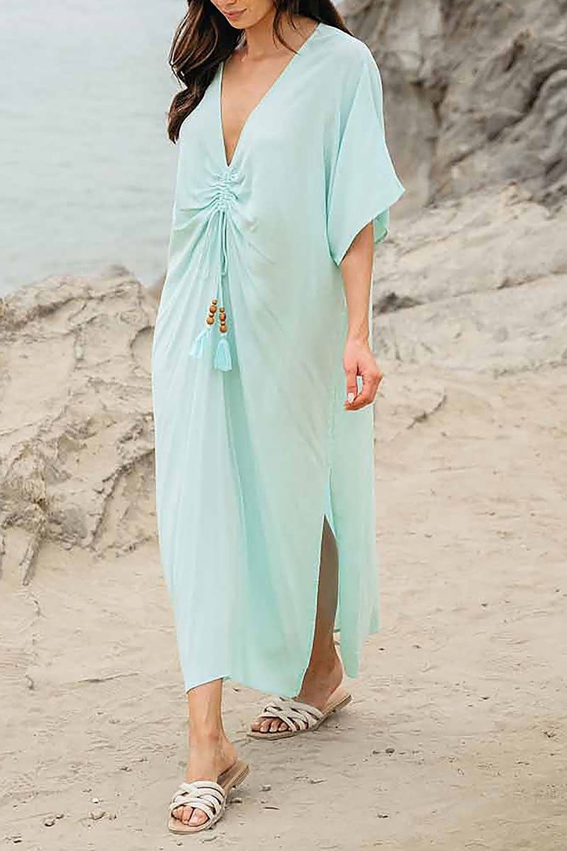 Short sleeve v-neck ruched tunic maxi dress (EGWT1033)