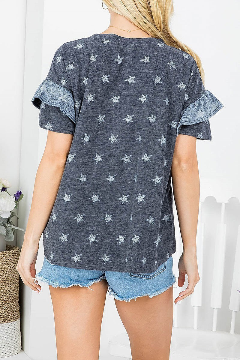 Star print ruffle detail top (EF3901)