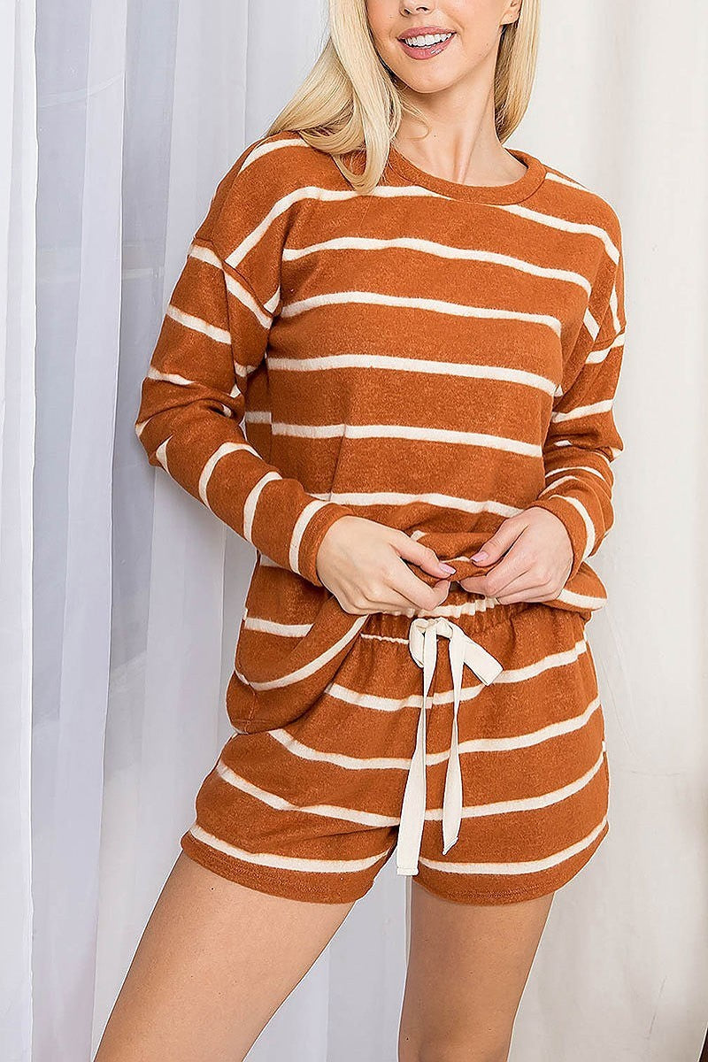 Stripe long sleeve top and shorts set with self tie (EF2889)