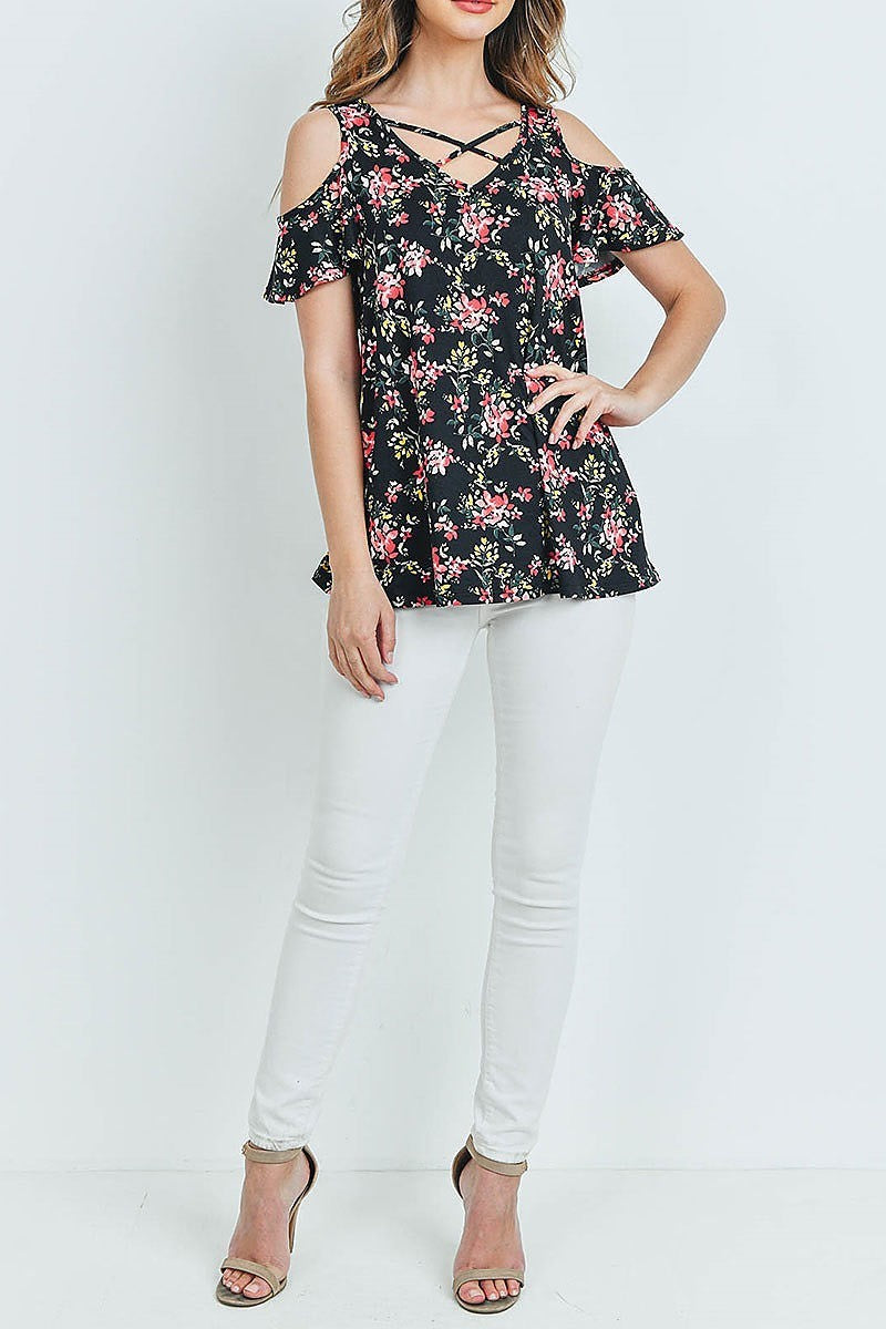 Floral cold shoulder crisscross neckline top (ED8831)