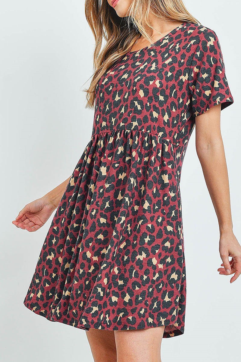 Cinch waist short sleeves on seam pocket leopard dress (DED6081)