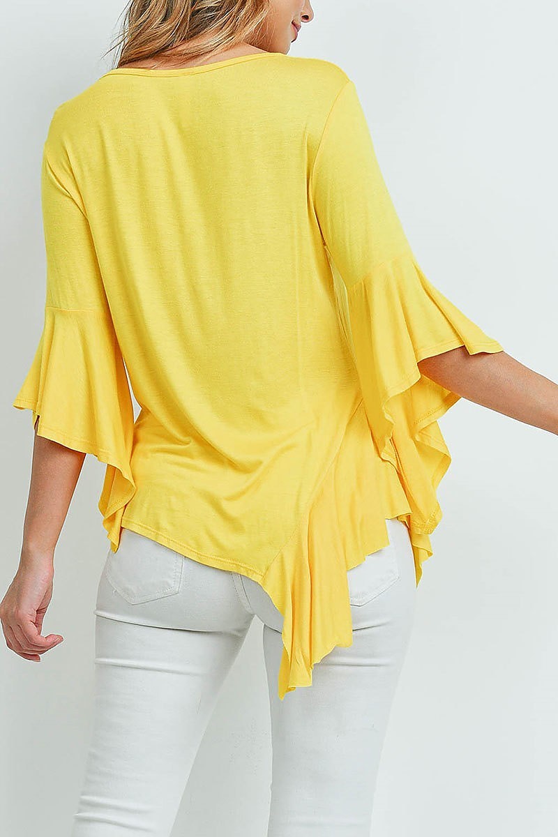 Asymmetrical ruffle detail bell sleeve top (ED9348)