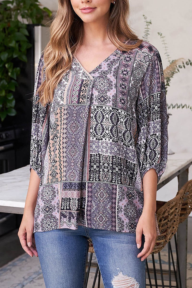 Quarter sleeve v neck front pleat printed top (EF2188)