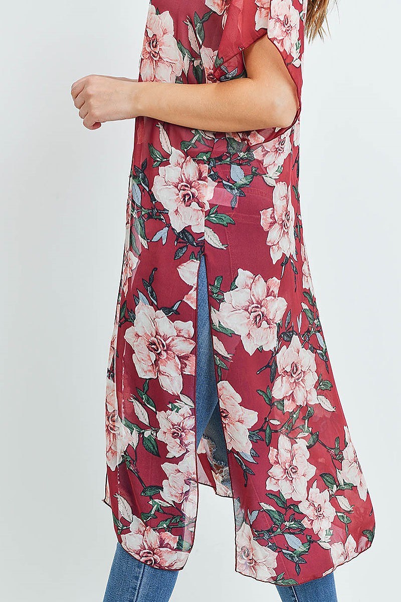 Short sleeve floral print slit hem kimono (ED8867-1)