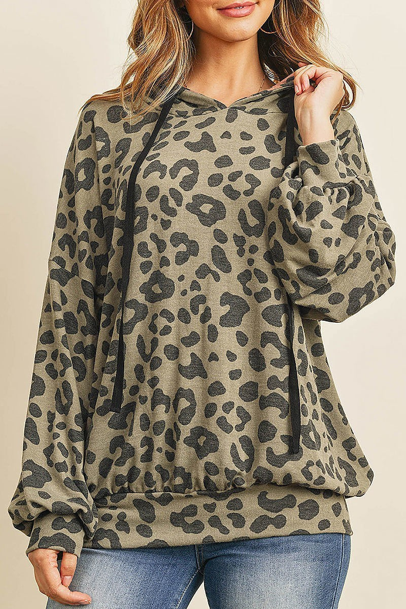 Leopard puff sleeved self tie hoodie (ED8129-31)