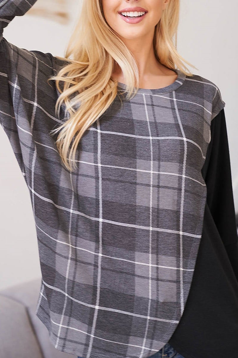 Dolman sleeve vertical detail plaid top (EF2394)