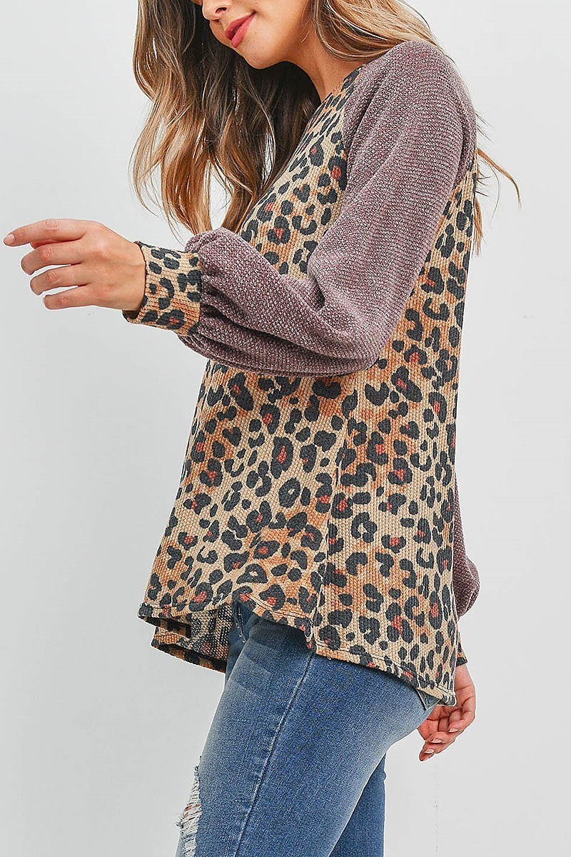 Rib puff sleeves drake leopard top (EF1874)