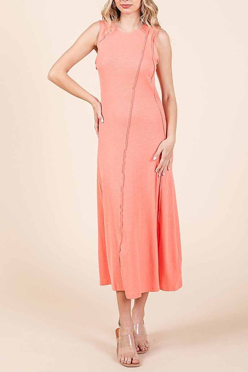 Solid sleeveless exposed seam rib knit midi dress (EDH2163)