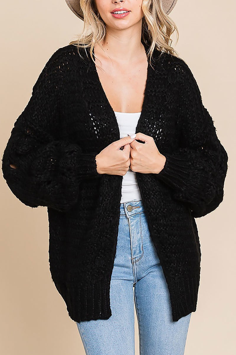 Open front cardigan with popcorn bubble sleeves (EDH1976)