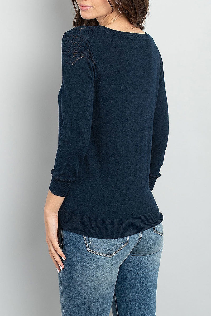 Crochet shoulder detail v neck button front sweater (DGS5078-LAST)