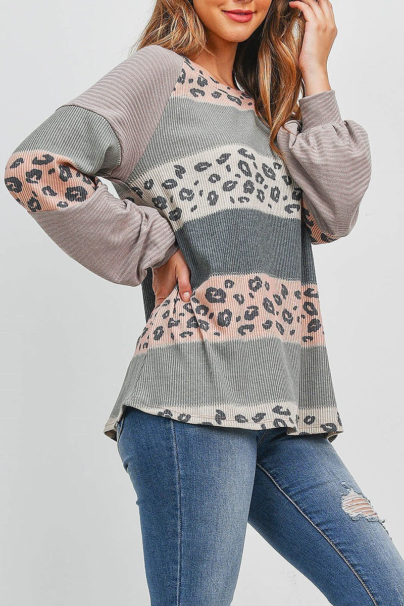 Puff sleeve diamond rib contrast leopard top (EF1807)