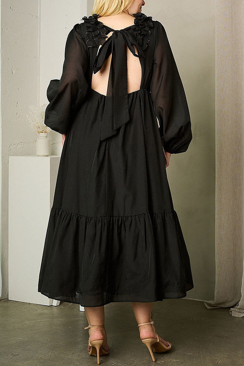 Long sleeve v-neck ruffle back tie maxi dress (EFWT1632)