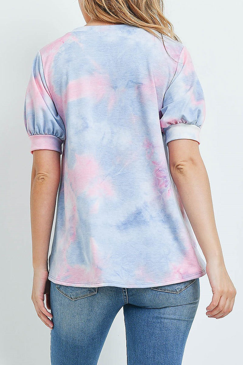 Puff sleeves v neck tie dye top (ED9163)