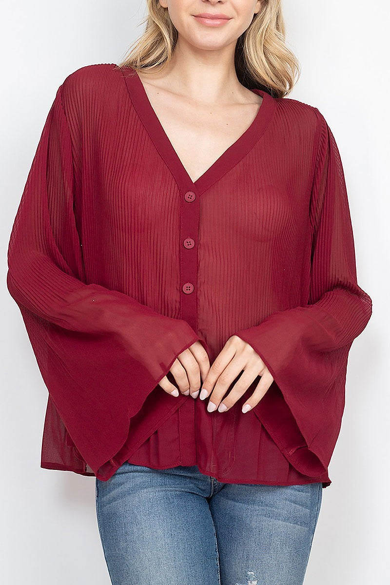 V neck pleated button front sheer top (ED7937-1)