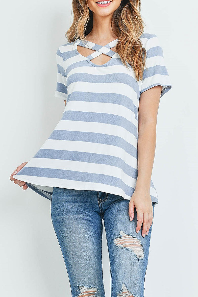 Crisscross neckline striped top (ED9155-2)