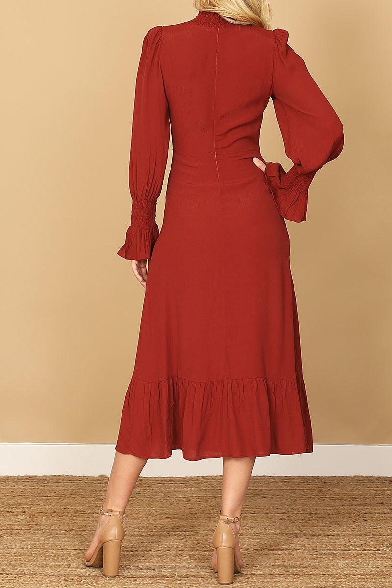 Smocked neck and long sleeve side slit solid dress (DED9785)