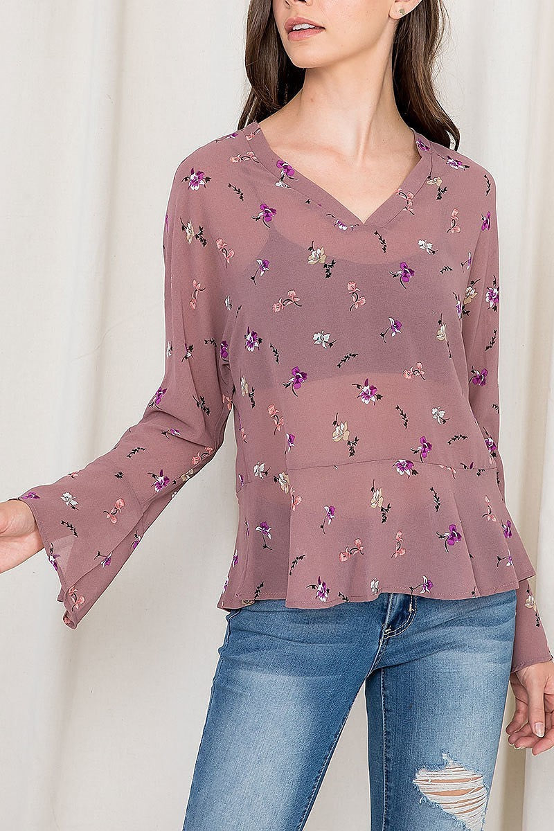 Bell sleeve floral print v neck sheer top (EF2671)