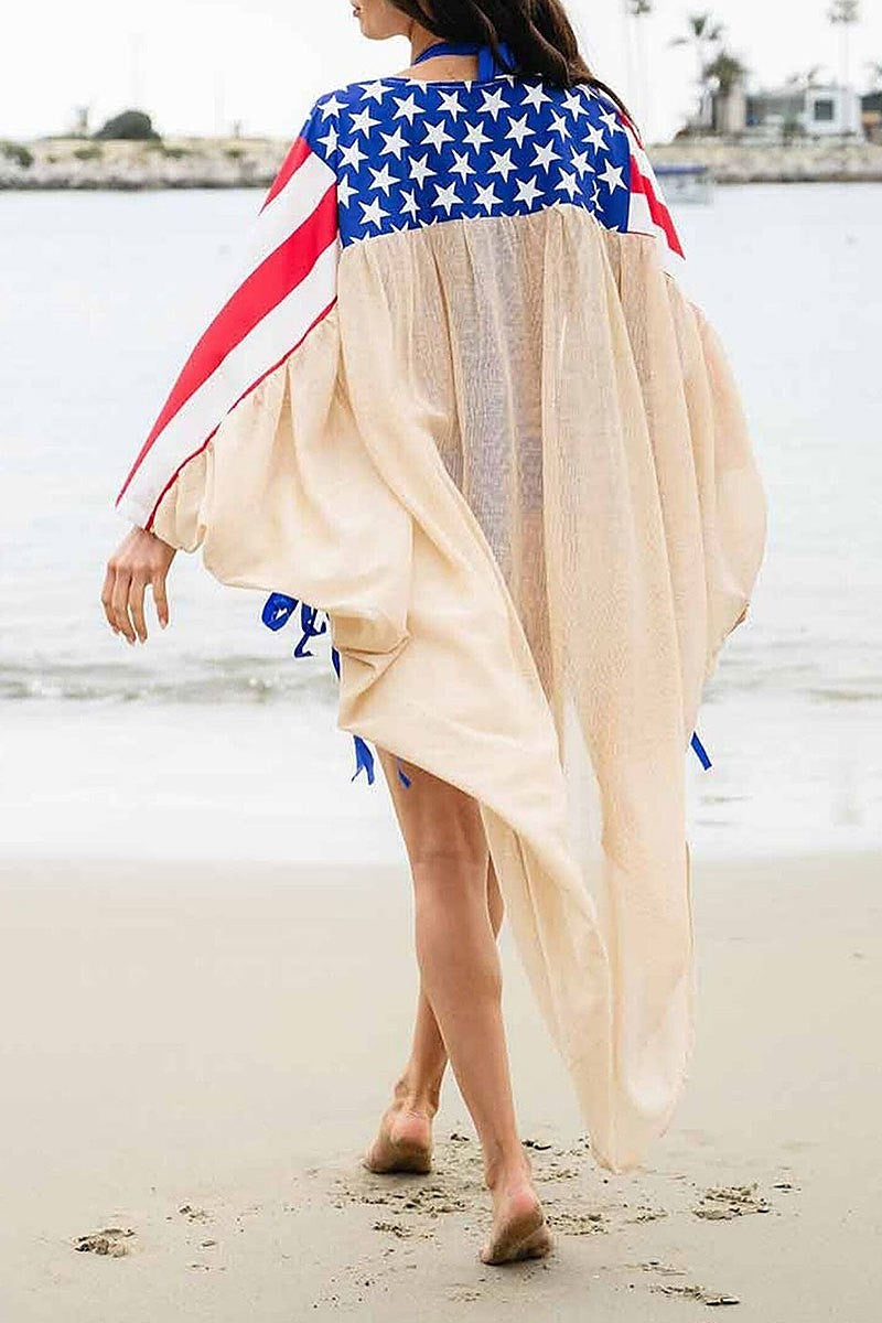 Long sleeve drape open front patriotic kimono (EGWT1173)