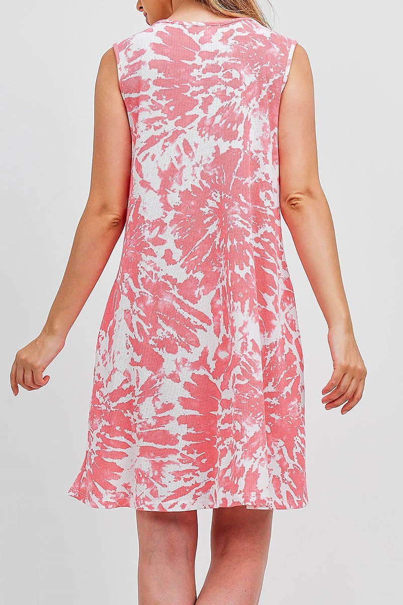 V neck ruffle detail rib tie dye pocket dress (DED6698)