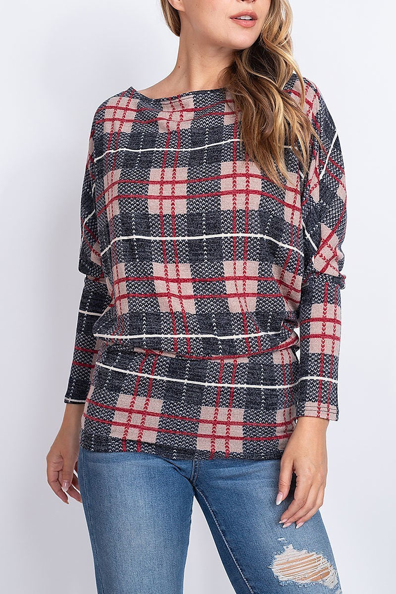 Loose fit plaid long sleeve top (EF1896)