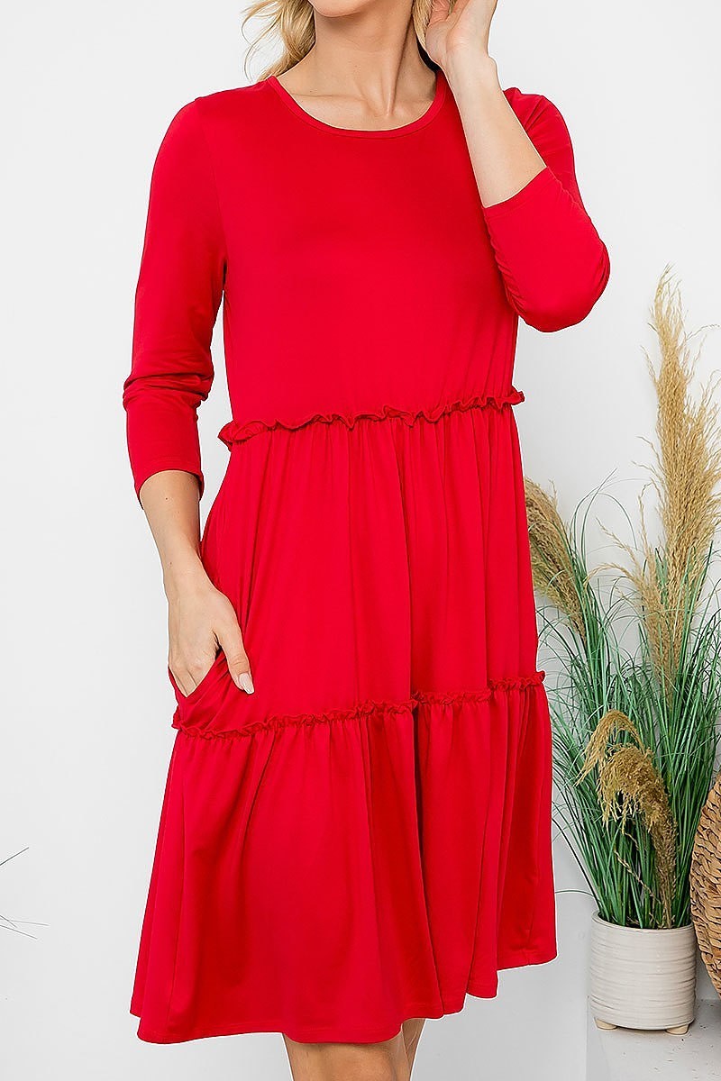 Solid 3/4 sleeve merrow detail flare dress (DED8854)