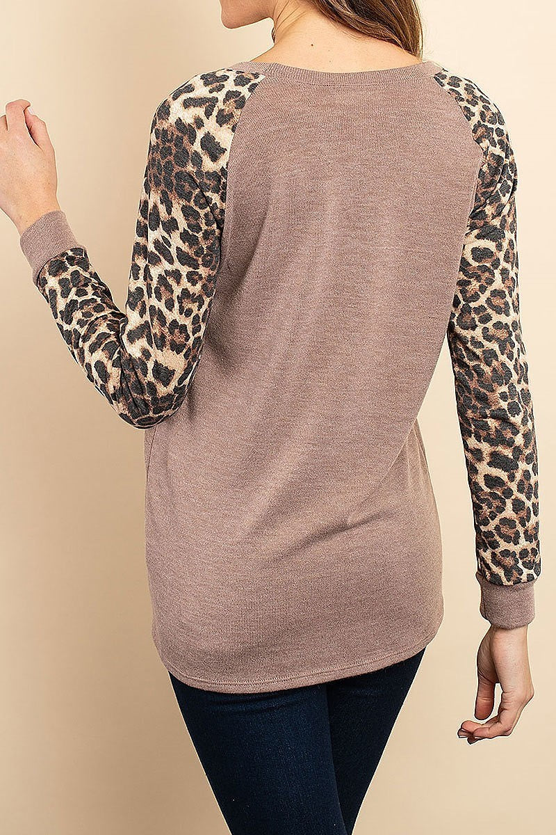 Animal print sleeve sequin pocket color block top (ED8013-2)