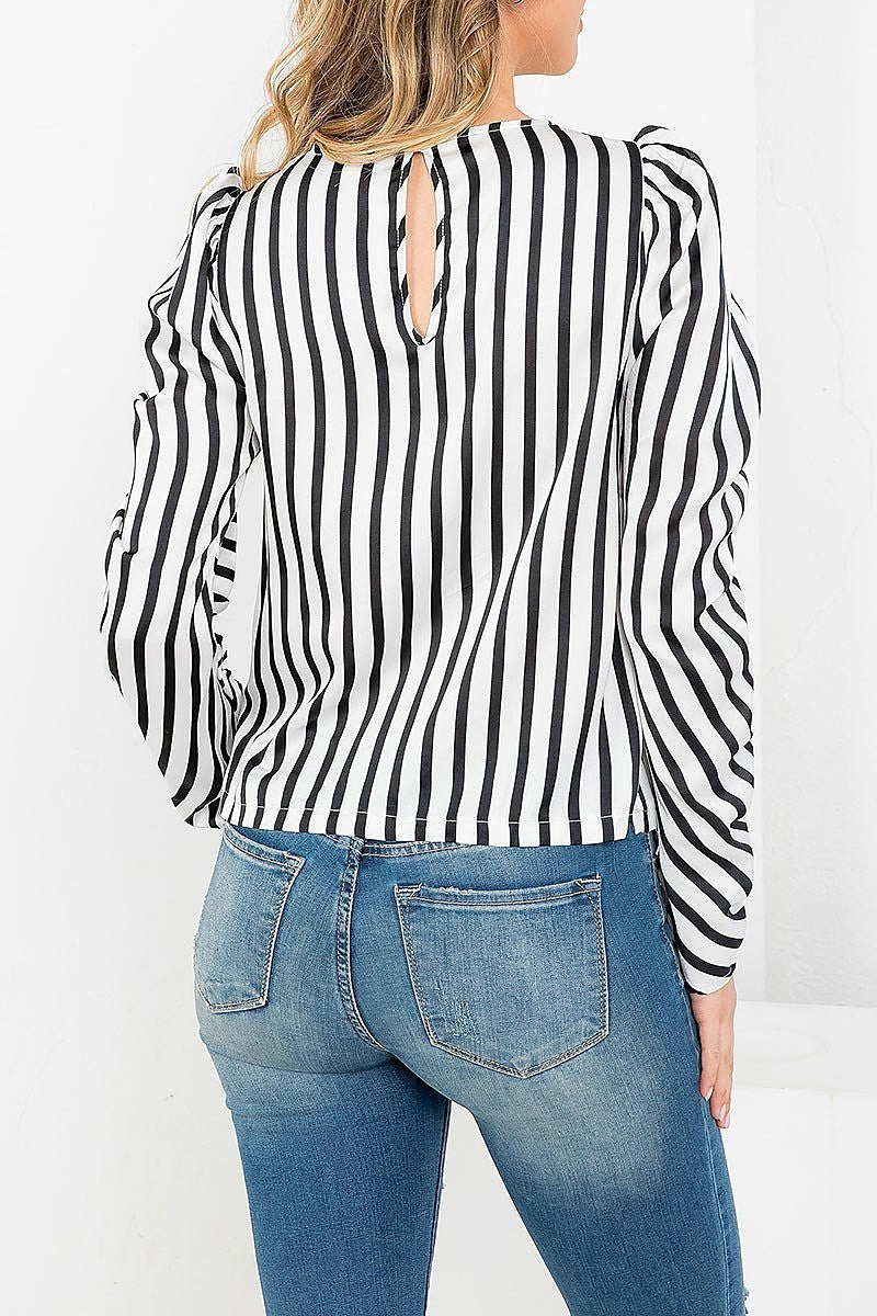 Stripes print round neck ruched long sleeve top (EF3547)