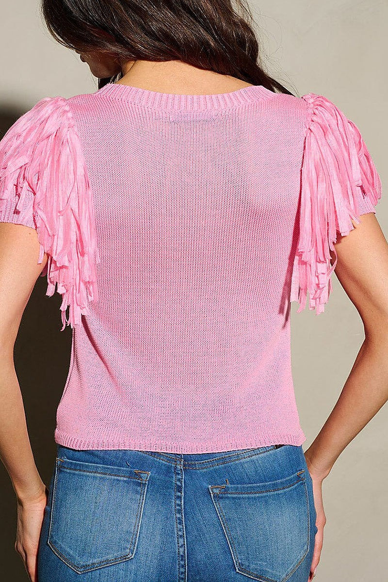 Short fringe sleeve solid blouse top (EFWT9769)