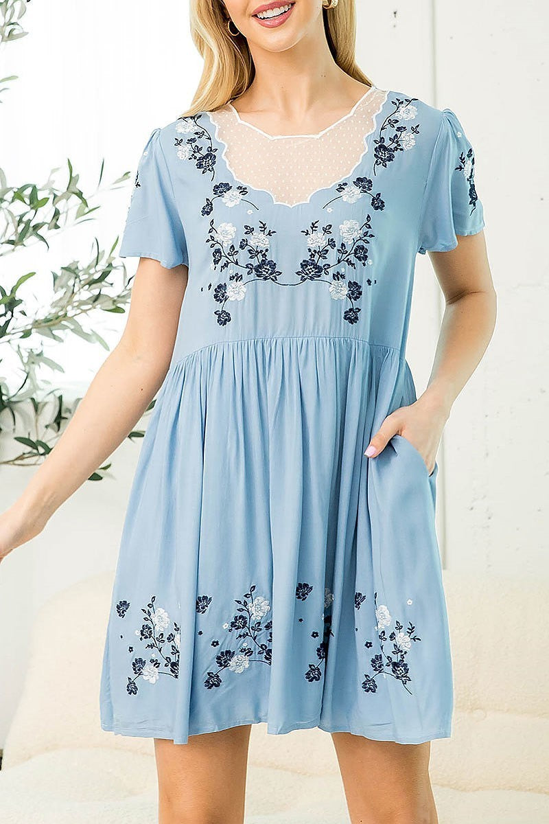 Floral embroidered ruched baby doll dress (DED7587)