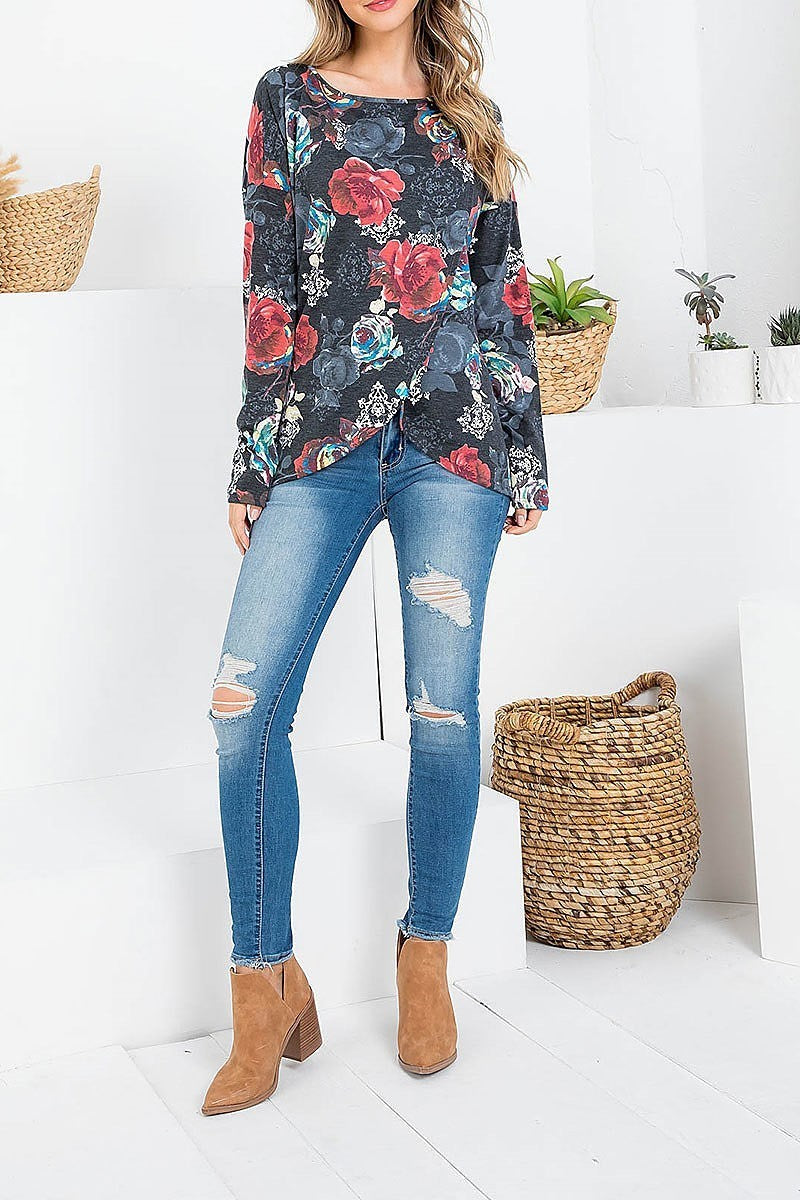 Floral print wrap front losoe fit tunic top (EF2441)