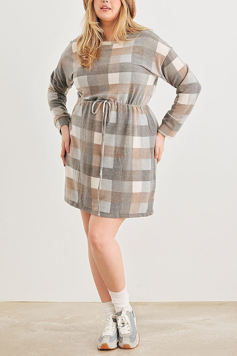 Plaid elastic waist ling sleeve mini dress (TED2098)