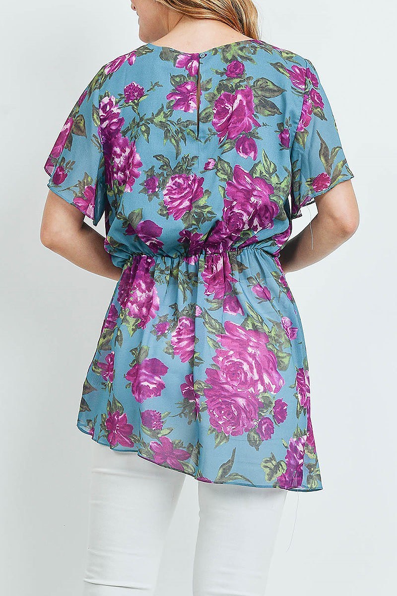 Flutter sleeve floral print pleated detail tunic top (ED9185)