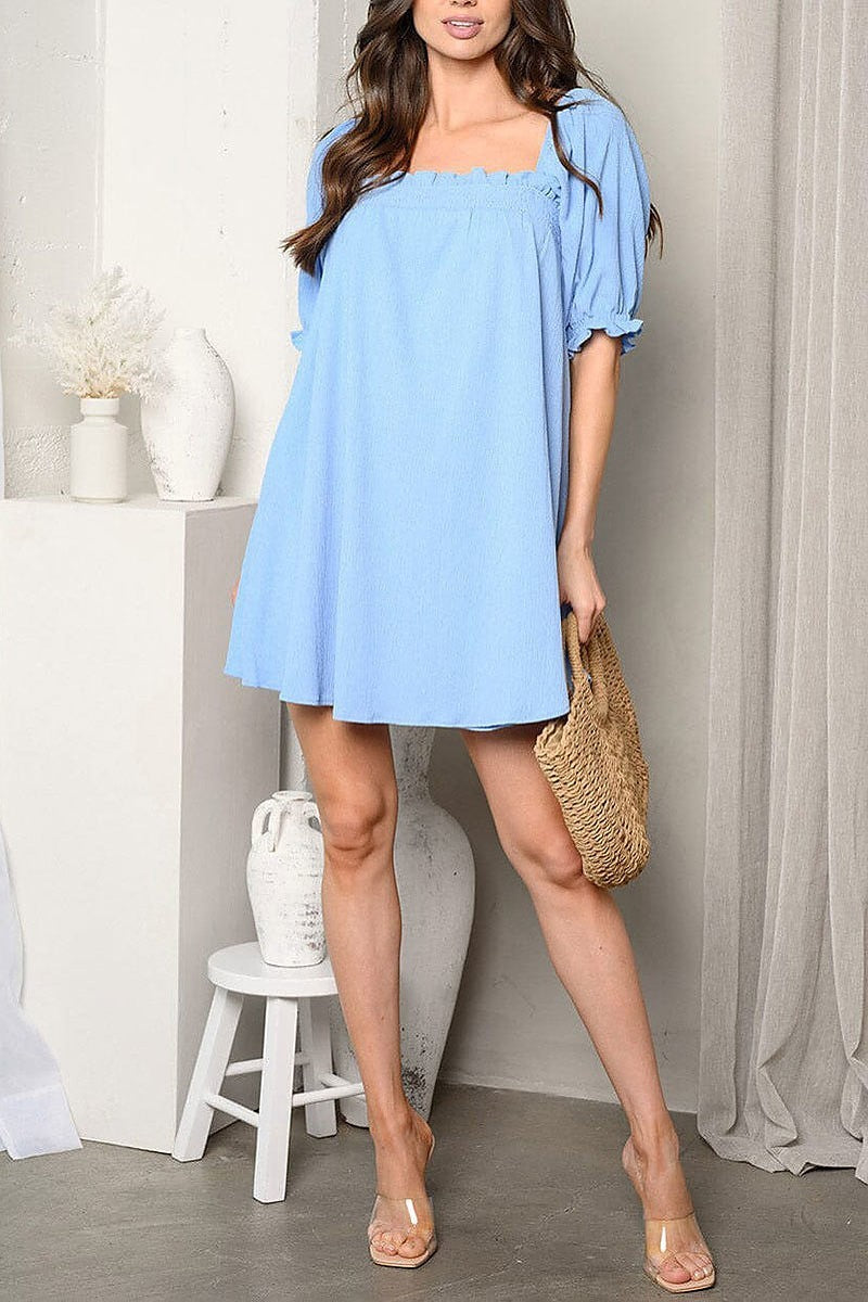 Short puff sleeve square neck tunic mini dress (EDWT9524)