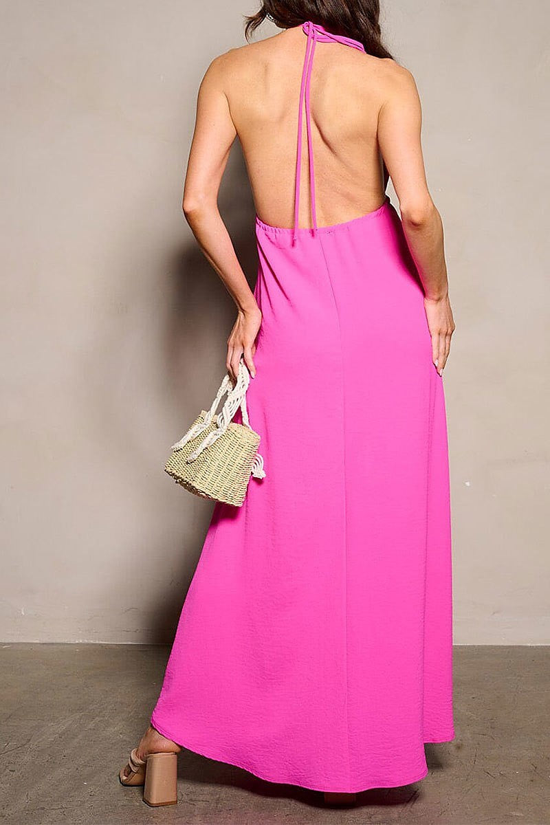 Sleeveless neck tie open back v-neck maxi dress (EFWT9446)