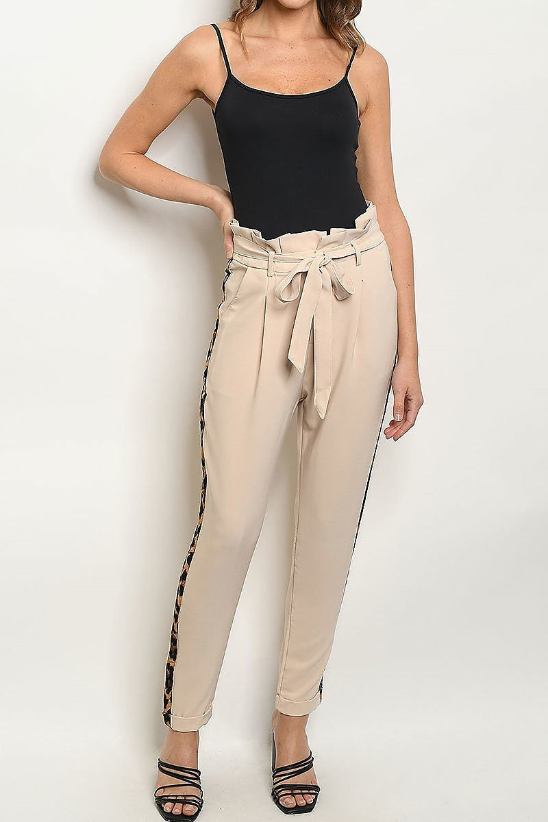 Animal print contrast waist tie slim pants (DGB2830)