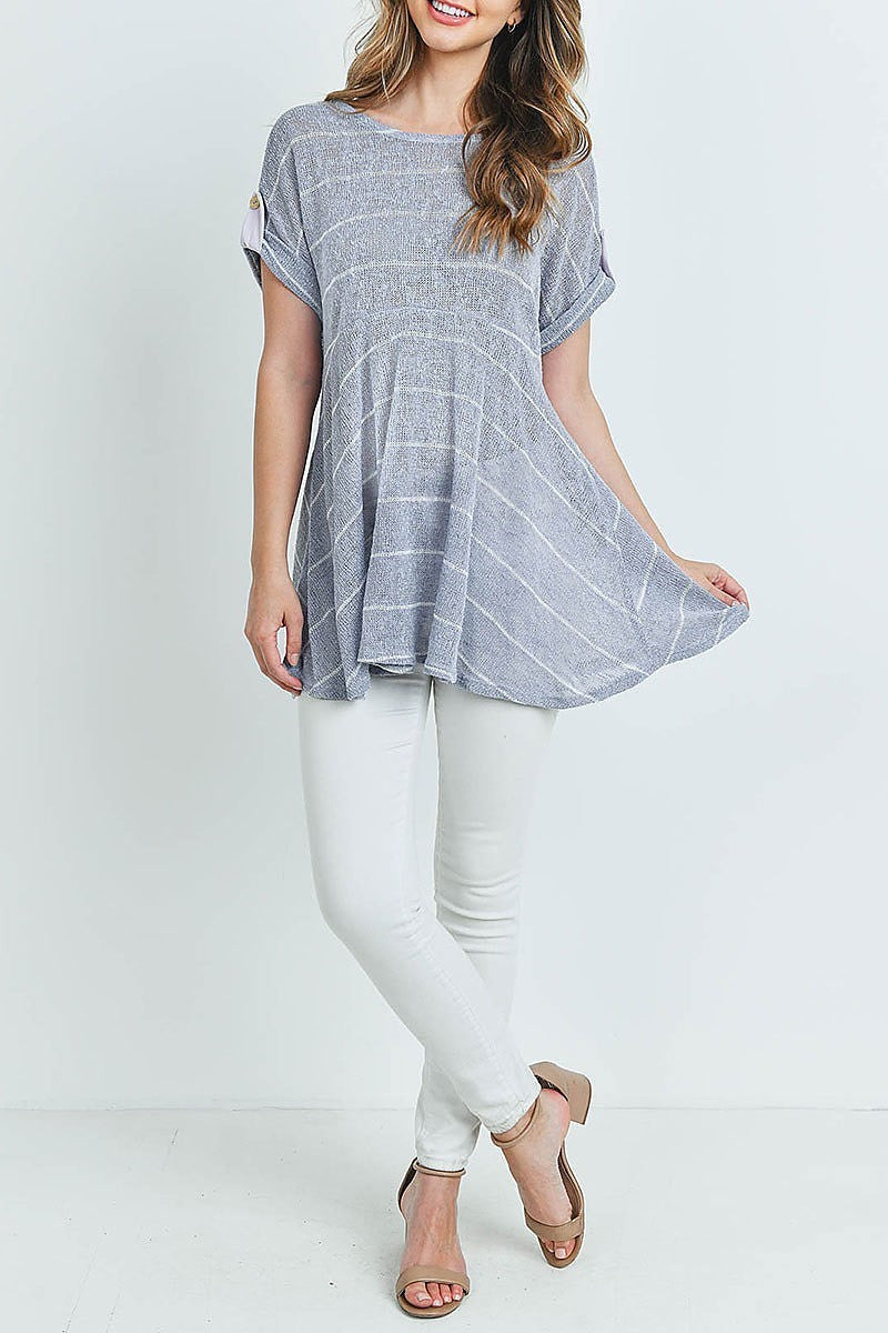 Stripe roll up sleeve flare top (ED8609-1)