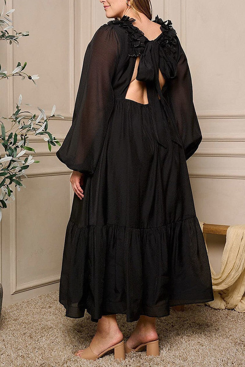 Long sleeve v-neck ruffle back tie maxi dress (EFWT5335)