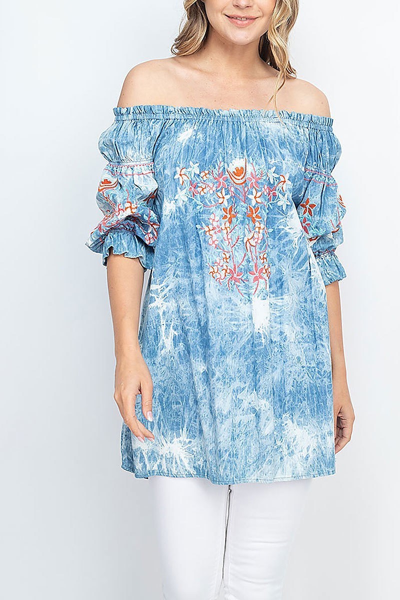 Floral embroidered off shoulder tie dye top (EF1310)