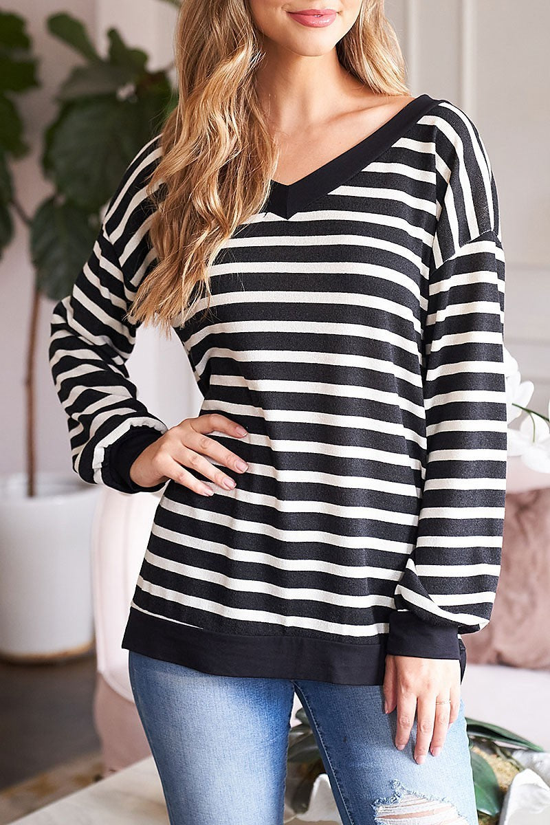 V neck long sleeve stripes top (EF7895)