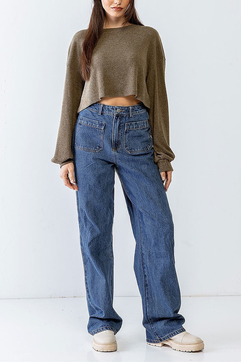 Ribbed bubble sleeve crop sweater (TED1142)