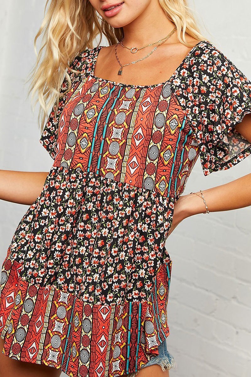 Floral bohemian print baby doll blouse (EDBM4806)